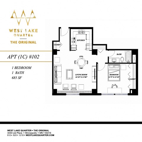 Floor plan for 1 bed, 1 bath, 620 sqft